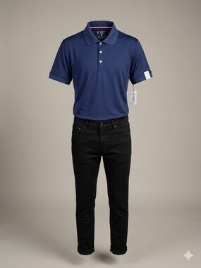Navy Performance Polo Shirt and black jeans